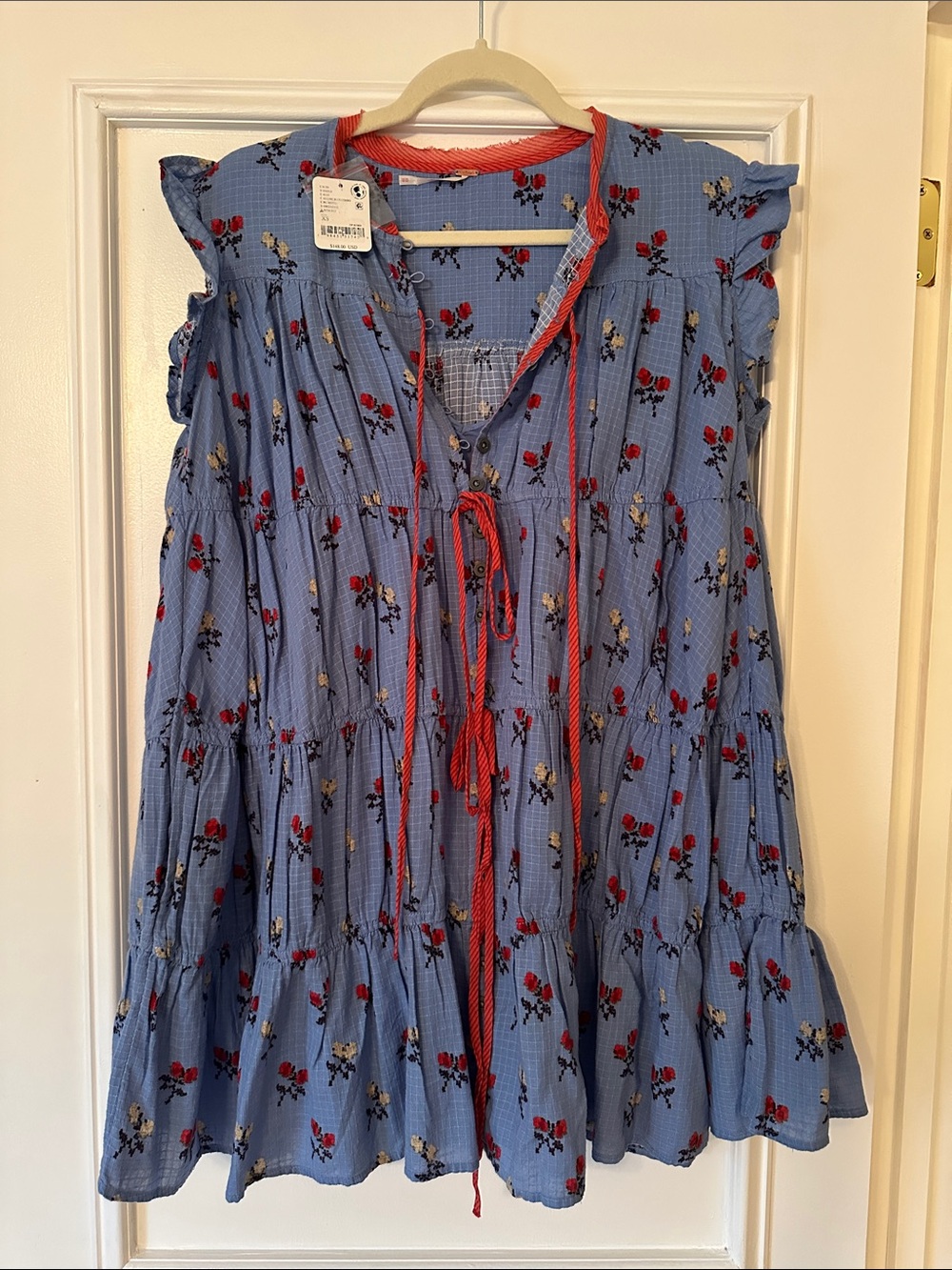 NWT Free People Light Blue Floral Tie-Front Tiered Tunic with Red Trim